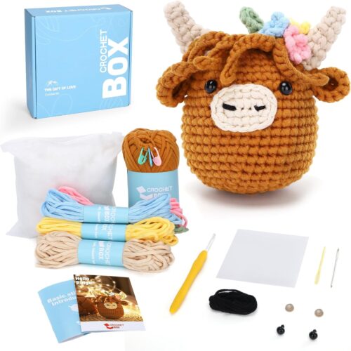 Highland Cow Crochet Starter Kit: Easy Knitting Yarn, Step-by-Step Video Tutorial, Hook, Birthday Gift for Adults and Kids (30%+ Yarn)