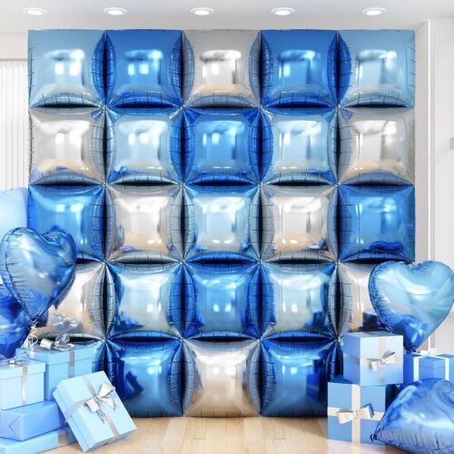 Blue Silver Square Foil Balloon Wall,25Pcs Double Sided Balloons Backdrop Helium Polyester Film Balloon Tunnel Arch Garland Kit for Birthday Bridal Anniversary Baby Shower Party Decorations