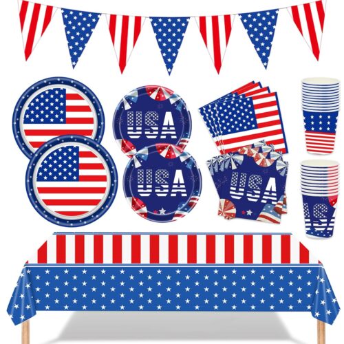 American Flag Patriotic Party Supplies 98Pcs Veterans Day Election Day 4th of July Independence Day Decoration Include Disposable Plates, Napkins, Cups, Banner and Tablecloth (Independence Day)