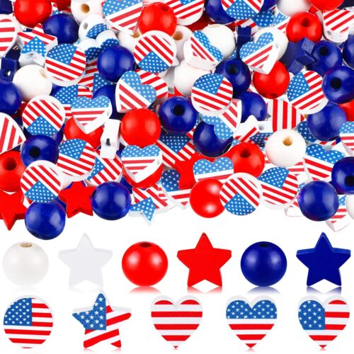 200 Pcs 4th of July Wood Beads Patriotic Independence Day Wooden Beads America Flag Star Heart Round Blue Red White Decor for Memorial Day Craft DIY Garland Tiered Tray Fireplace Decor