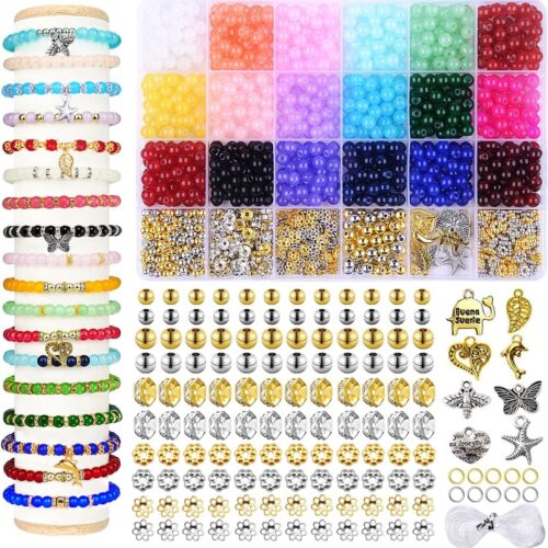 1280pcs 6mm Glass Beads for Bracelets, Bracelet Making Kit 24 Style Crystal Beads for Jewelry Making Round Beads DIY Crafts with Spacer Beads Charms Accessories