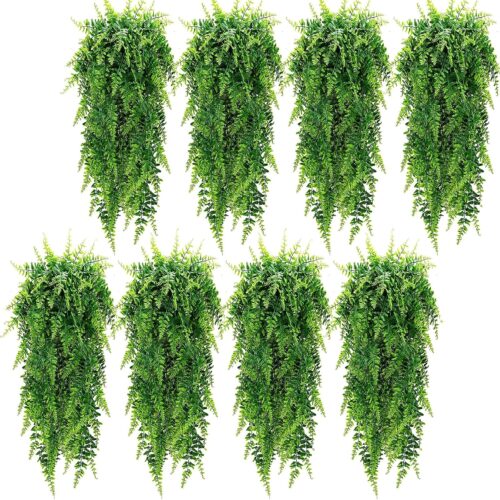 8 Pcs Artificial Hanging Plants 32 in Fake Plant Fake Boston Ferns Plastic Faux for Wall House Room Garden Wedding Garland Indoor Outdoor Decoration, No Basket