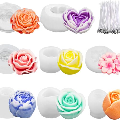 8Pcs Rose Flower Tulip Peony Heart Candle Soap Wax Mold Valentine Day Silicone for Small Butter Candles Chocolate Making Molds Silicones Shapes Moldes De Rosas Silicona para Velas