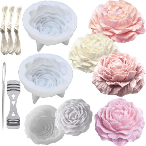 Large&Small Peony Flower Silicone Soap Molds 3PCS Peony Silicone Candle Mold with Large-Eye Wicking Needle,Candlewick for Chocolate Cake Candy Moulds Epoxy Resin Plaster Clay