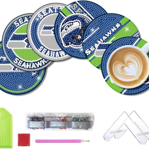6 Pcs Diamond Paintings Coasters Kits with Holder,DIY Football Diamond Art Coasters for Adults Kids, Diamond Dot Kits for Seattle Craft Gifts