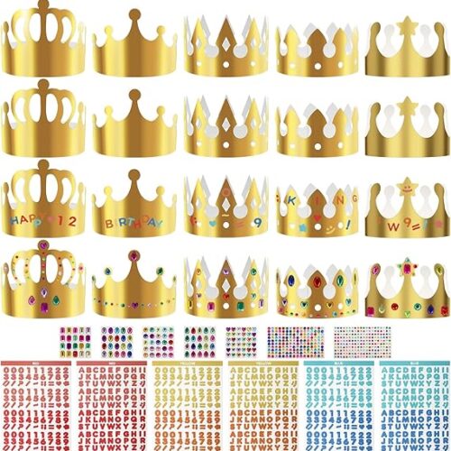 33 Piece Gold Paper Crowns Set - DIY Party Crowns with Gems & Stickers - Adjustable Size - Princess & Prince Party Favors - Girls & DIY Enthusiasts