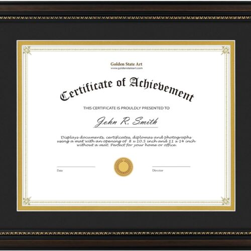 8.5X11 Diploma Frame, Solid Wood Brown with Gold Trim Certificate Frame, 8.5X11 Inch or 11X14 Diploma Without Mat, Real Glass Front with Black Over Gold Double Mat -1 Pack