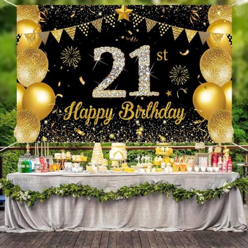 Happy 21st Birthday Banner Backdrop Decorations with 70.8"X43.3", 21st Birthday Giltter Shinning Banner Sign Photography Background for 21 Years Old Birthday Decorations Party Supplies