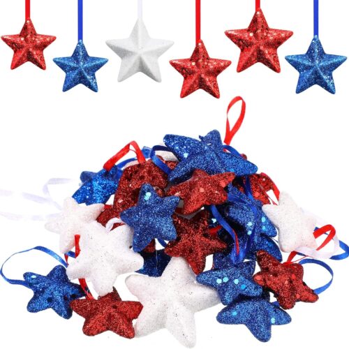 4th of July Hanging Ornaments Independence Day Star Tree Ornaments America Patriotic White Red Blue Hanging Decor for Home Indoor Outdoor Party Favors Memorial Day Decorations(36 Pcs)
