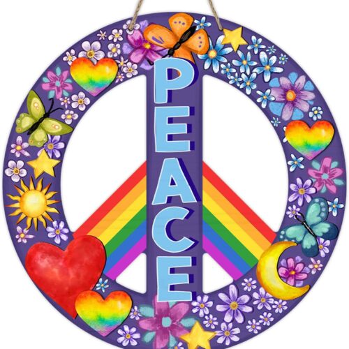 World Peace Love Heart Front Door Sign, Rainbow Pride Month Wood Door Hanger Outdoor Outside Porch Decor, Flower Butterfly Wooden Wreath Indoor Wall Hanging Decoration