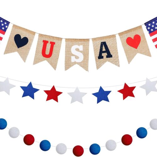 3 Pieces Independence Day Burlap Banner 4th July Felt Ball Garland Patriotic Pom Pom Garland for President Day 4th of July Independence Day Patriotic Decorations