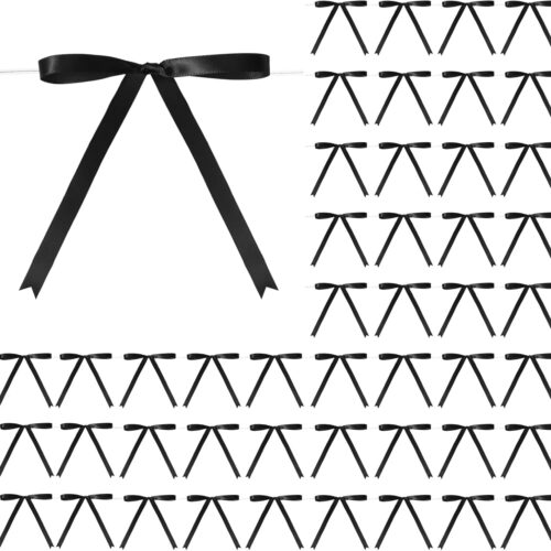 50 Pcs Twist Tie Bows 5x7 Inch Satin Ribbon Bows for Gift Wrapping Cake Treat Bags Craft DIY Gift Wedding Baby Shower Birthday Party Decorations(Black)
