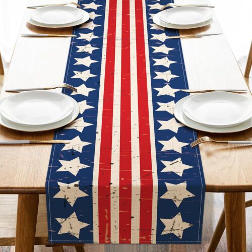 4th of July Dining Table Runner, Patriotic America Stars Stripes Burlap Kitchen Decoration, American USA Indoor Outdoor Home Decor Party Supply 13 x 72 Inches