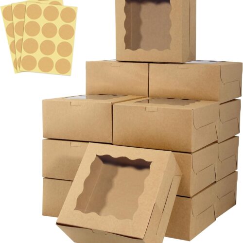 60 pcs Bakery Boxes with Window, 6 x 6 x 3 inches, Kraft Cookie Boxes Pastry Boxes for Baked Goods (Brown)