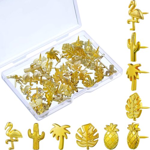 40 Pieces Gold Push Pins Cute Push Pins Tropical Office Supplies 5 Designs Decorative Thumb Tacks Cactus Palm Leaf Thumb Tacks for Photos Wall, Maps, Bulletin Board, Cork Boards