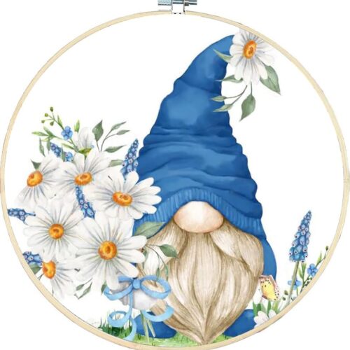 Stamped Cross Stitch Kits for Adults with Frame - Gnome Flower Embroidery Kits for Beginners Adults,11 CT Patterns Dimensions Counted Cross Stitch Kits Arts Craft Kits,for Gift and Home Decor 8x8inch