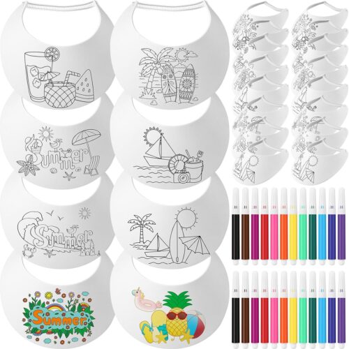 24 Sets Foam Visors for Kids, Color Your Own Foam Visors with Pens DIY Coil Visor Summer DIY Crafts for Kids Children(Beach)