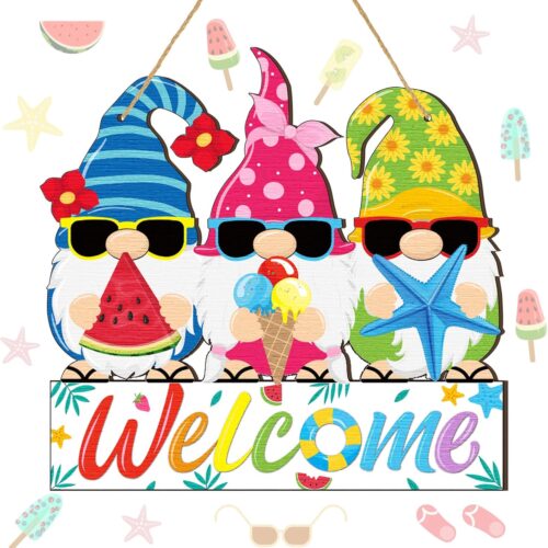 Summer Welcome Door Sign Wooden Hawaii Gnome Hanging Sign Truck Summer Gnome Door Hanger with Rope Colorful Hawaiian Hanging Decoration for Front Porch Home Decor