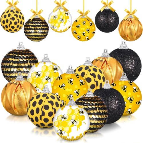 12 Pieces 2 Inch Bee Ornament for Tree Bee Hanging Ornaments Decorations Black Honeycomb Balls Spring Summer Tree Decorations for Spring Baby Shower Holiday Party Favors