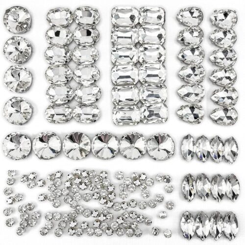 160PCS Glass Sew on Rhinestones, Flactback Sew On Claw Crystals for Crafts Costume Clothes Jewelry (Crystal Clear/White, Mixed Shapes)