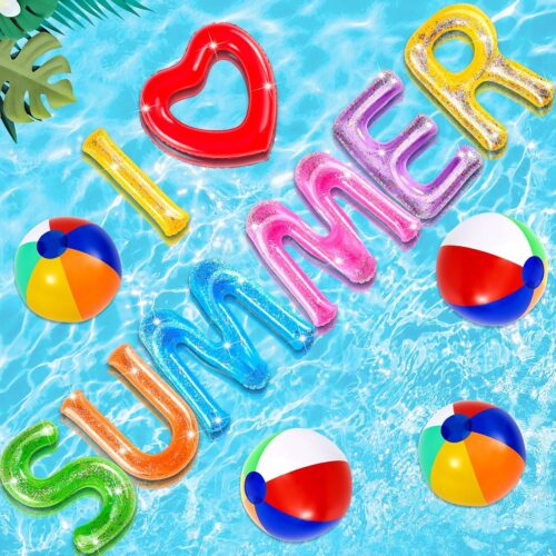 20" I Love Summer Floating Pool Letters Summer Party Inflatable Floats Letters Decoration Surfboard Hawaiian Luau Inflatable Signs with 4 Beach Balls