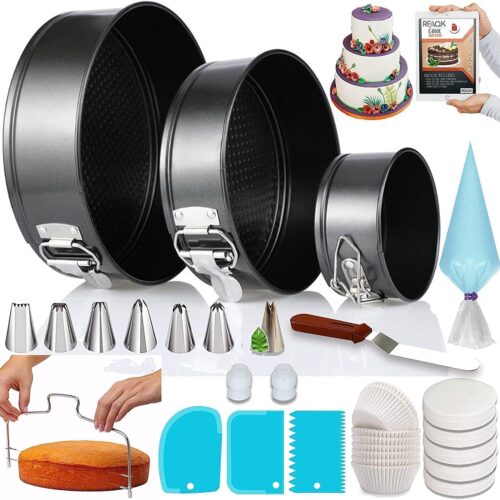 100PCs Cake Pan Sets for Baking - Baking Supplies with 3 Nonstick Springform Pans (4, 7, 9 Inch), Piping Tips, Cake Leveler – Multifunctional Cheesecake Pan, Baking Pans Set & eBook