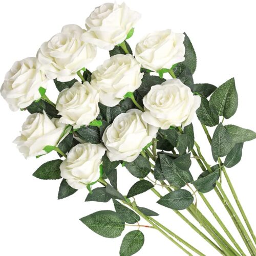 Artificial Flowers Silk Roses Fake Bridal Wedding Bouquet for Home Garden Party Floral Decor 10 Pcs (White Curved stem)