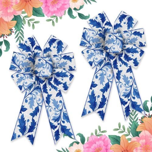 2 Pcs Spring Bow for Wreath, Spring Wreath Bows for Front Door Spring Flowers Bows Blue White Burlap Tree Topper Bows for Spring Indoor Outdoor Birthday Party Home Decoration