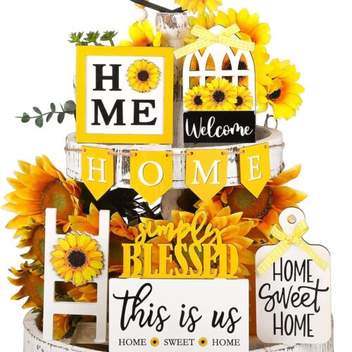 Set of 11 Sunflower Farmhouse Tiered Tray Decor Summer Rustic Home Tiered Tray Decorations Set Home Wooden Signs Sunflower Farmhouse Tabletop Wood Signs for Kitchen Table Shelf Decor