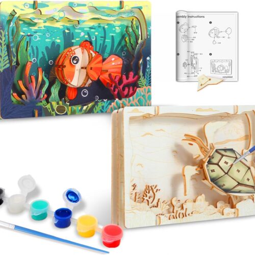DIY Crafts Kit for Kids Build & Paint Your Own Wooden Craft - Sea Turtle, Fish with Unique Story Backdrop 2 Pack Wood Art Craft Set Painting Activity for Boy & Girl Ages 6 7 8 and Up