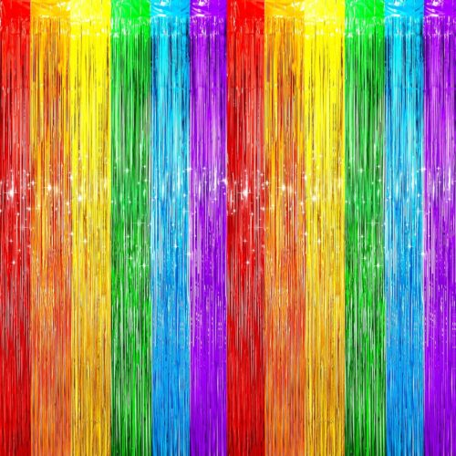 4 Pack Rainbow Foil Fringe Backdrop Curtains, Tinsel Streamers Birthday Party Decorations, Fringe Backdrop for Graduation, Baby Shower, Gender Reveal, Disco Party