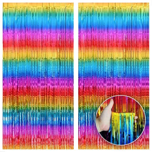 XtraLarge Rainbow Backdrop Curtain - 3.2x8 Feet, Pack of 2 | Rainbow Birthday Decorations | Colorful Fringe Curtain for Wall or Door | Rainbow Streamers for Pride Decorations and Events