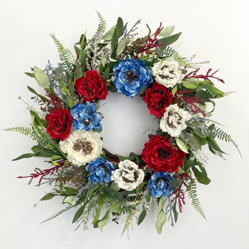 24 Inch Patriotic Wreaths for Front Door, 4th of July Wreaths for Front Door, Peony Eucalyptus Patriotic Summer Flag Wreath Handcrafted Memorial Day Artificial Flowers Wreath for Indoor and Outdoor