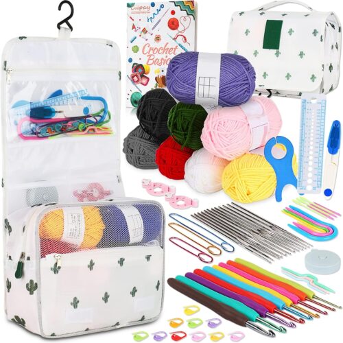 Upgraded Hanging Crochet Kit - Beginner's Set with Case & 8 Yarns, 63PCS Crochet Hook Set with Book, Ergonomic Soft Grip Hooks & Knitting Supplies
