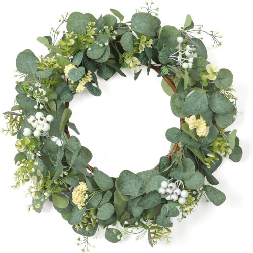 Wreaths for Front Door 20'' Eucalyptus Wreath Spring Summer Green Wreath with White Berries for Home Porch Window Wall Farmhouse Home Decor All Seasons Decor