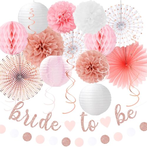 Light-Pink Rose-Gold Bachelorette Party-Decorations - 21pcs Baby Bridal Shower Banner Garland, Bride To Be Paper Streamers Lanterns,flower Tissue Pom Poms Fan Supplies,Wedding Backdrop Decor