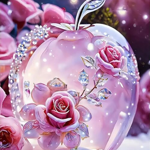 Diamond Art Painting Kits for Adults, Pink Rose 5D Diamond Painting Dots Art Kits for Adults Beginner, Crystal apple DIY Full Round Gem Crystal Art paint by Diamond, Home Wall Decor 12x 16 In