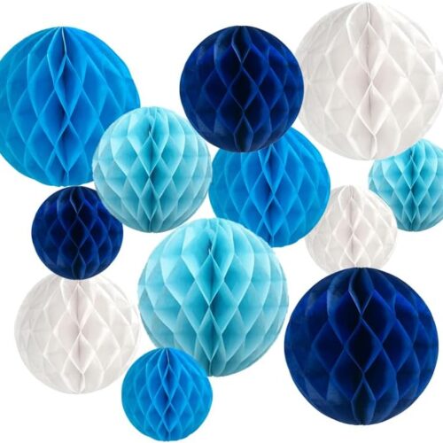 12Pcs White Blue Paper Honeycomb Flower Balls 6'' 8'' 10'' Decorative Tissue Honeycomb Balls Paper Pom Poms Hanging Flower Balls Craft Kit for Wedding Nursery Room Home Party Décor