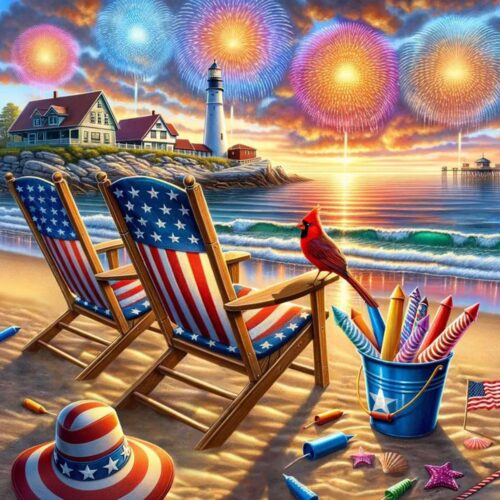 4th of July Diamond Painting Kits for Adults,Independence Day Diamond Art Kits Round Full Drills,Cardinal with Firework Diamond Dots Gem Art for Holiday and Home Wall Decor 14X14 Inch