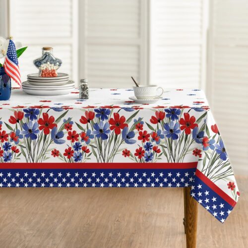 Horaldaily 4th of July Tablecloth 60x84 Inch, Patriotic Watercolor Poppy Flowers Independence Day Memorial Day Table Cover for Party Picnic Dinner Decor