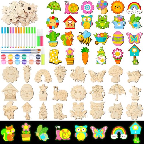 24 Pcs Easter Spring DIY Wooden Magnets to Paint, Cute Glow in The Dark Wood Painting Crafts, Fridge Magnets Craft Kits for Boys Girls Gifts School Home Party(Spring Butterfly Flowers)