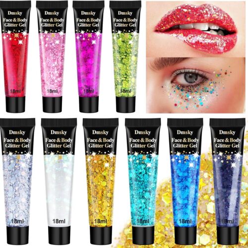Body Glitter Hair Glitter Face Paint Sparkles Makeup,10 Colors Glitter Gel Singer Concerts Disco Rave Festival Valentine’s Day Accessories,Chunky Sequins Mermaid Gel for Women Eyeshadow Children Hair