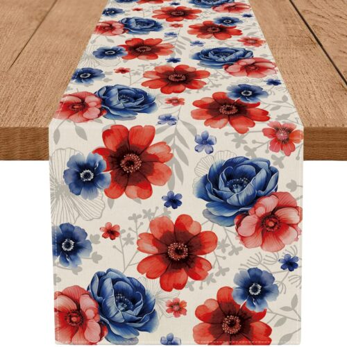 4th of July Table Runner Blue and Red Flowers Table Decoration for Home Memorial Day Independence Day Patriotic Indoor Kitchen Dining Party Decor 13x72 Inch