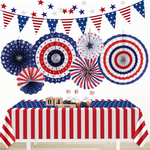 Patriotic 4th of July Decorations Set, 9 Pcs Red White and Blue Paper Fans, USA Pennant Bunting, Star Streamers, Patriotic Tablecloth for Fourth of July Party Supplies, Memorial Day Decor