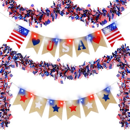 7 Pcs 4th of July Patriotic Decorations Set Burlap Banner and 78.74 Inch Tinsel Garland with Red White Blue Light American Flag Parade Golf Cart Car Shiny Tinsel for Memorial Day