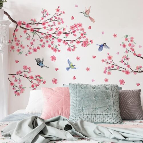 Cherry Blossom Flower Vine Wall Decals Pink Floral Tree Branch Birds Wall Stickers Living Room Bedroom Office Wall Décor