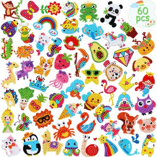 60pcs 5D Diamond Art Stickers Arts and Crafts Creative Gem Art Paint by Number Kits for Kids Ages 4-6 6-8 8-12 Boys Girls DIY Mosaic Stickers Toys for Birthday Party Halloween Christmas Gifts