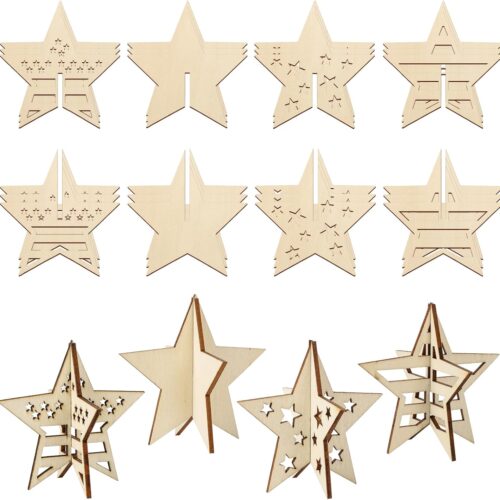 DIY 3D 4th of July Stars Wood Crafts to Paint for Kids Adults, Paintable Unfinished Wooden Slices for Craft, Memorial Day Veterans Day Star Cutouts Ornaments for Painting Decorations (24 PCS)