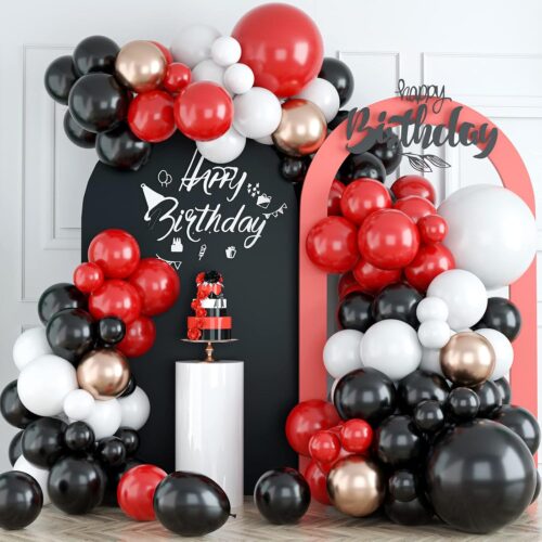 Red Black White Balloon Arch Kit, Red Black Balloon Garland Kit with Black Pearl Red and Gold Latex Balloon, Red and Black Balloon Arch for Birthday Wedding Anniversary Graduation Party Decorations
