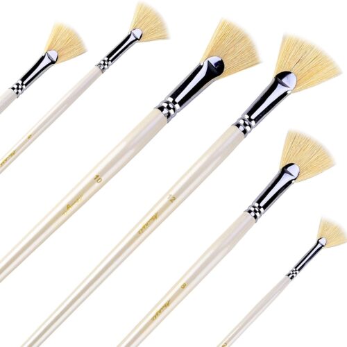 Fan Brush Set - Hog Bristle Natural Hair - Artist Soft Anti-Shedding Paint Brushes for Acrylic Watercolor Oil Painting, Long Wood Handle with Case, Set of 6